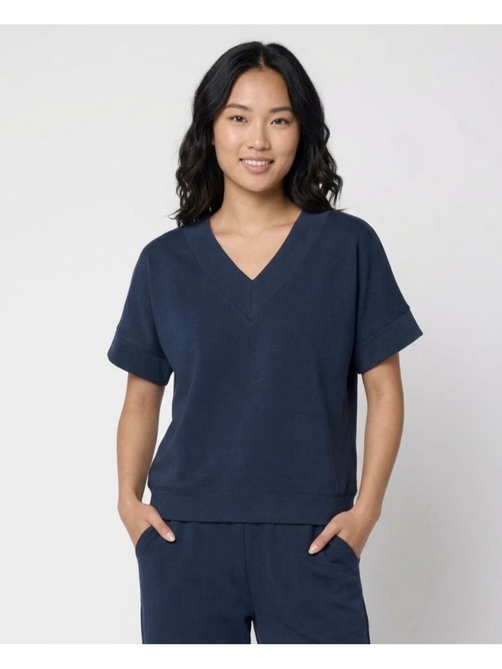 Carla Rockmore Collection French Terry Modern V-Neck Sweatshirt Forest Blue XS